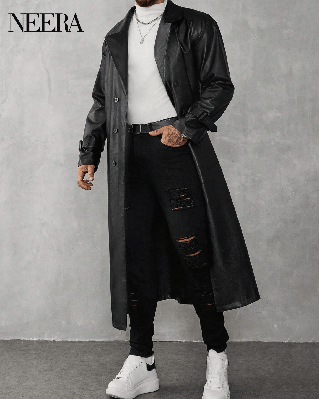 Black Leather Trench Coat with Modern Details