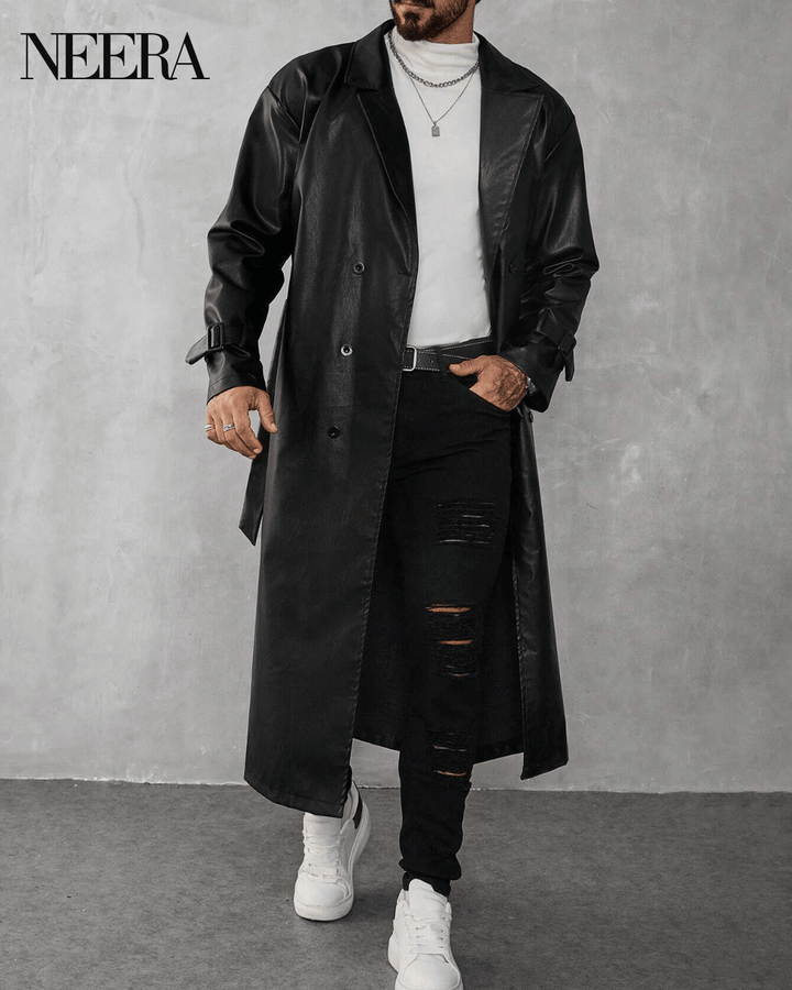 Black Leather Trench Coat with Modern Details