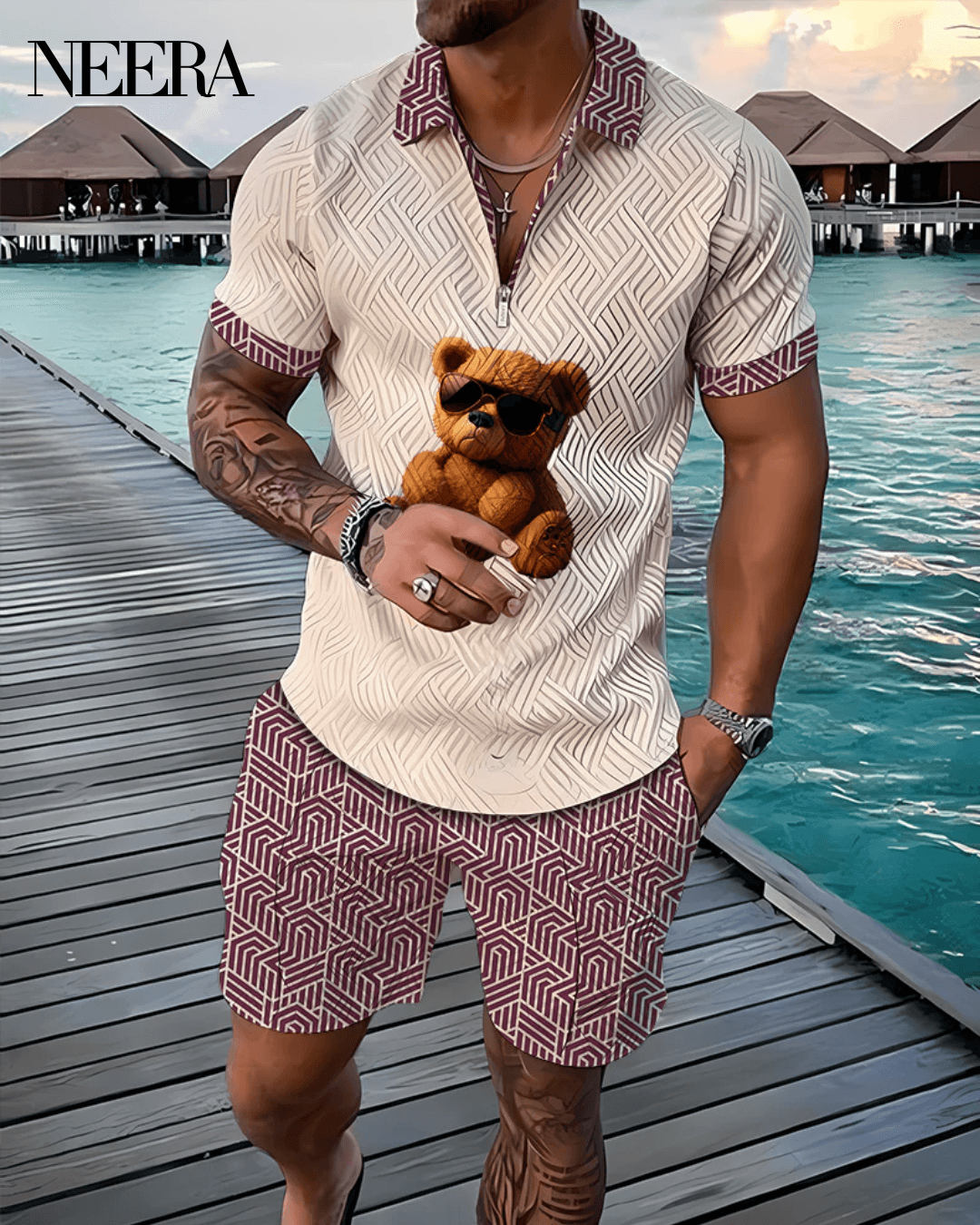 Polo e pantaloncini con orso Sunglasses Bear Co-Ord