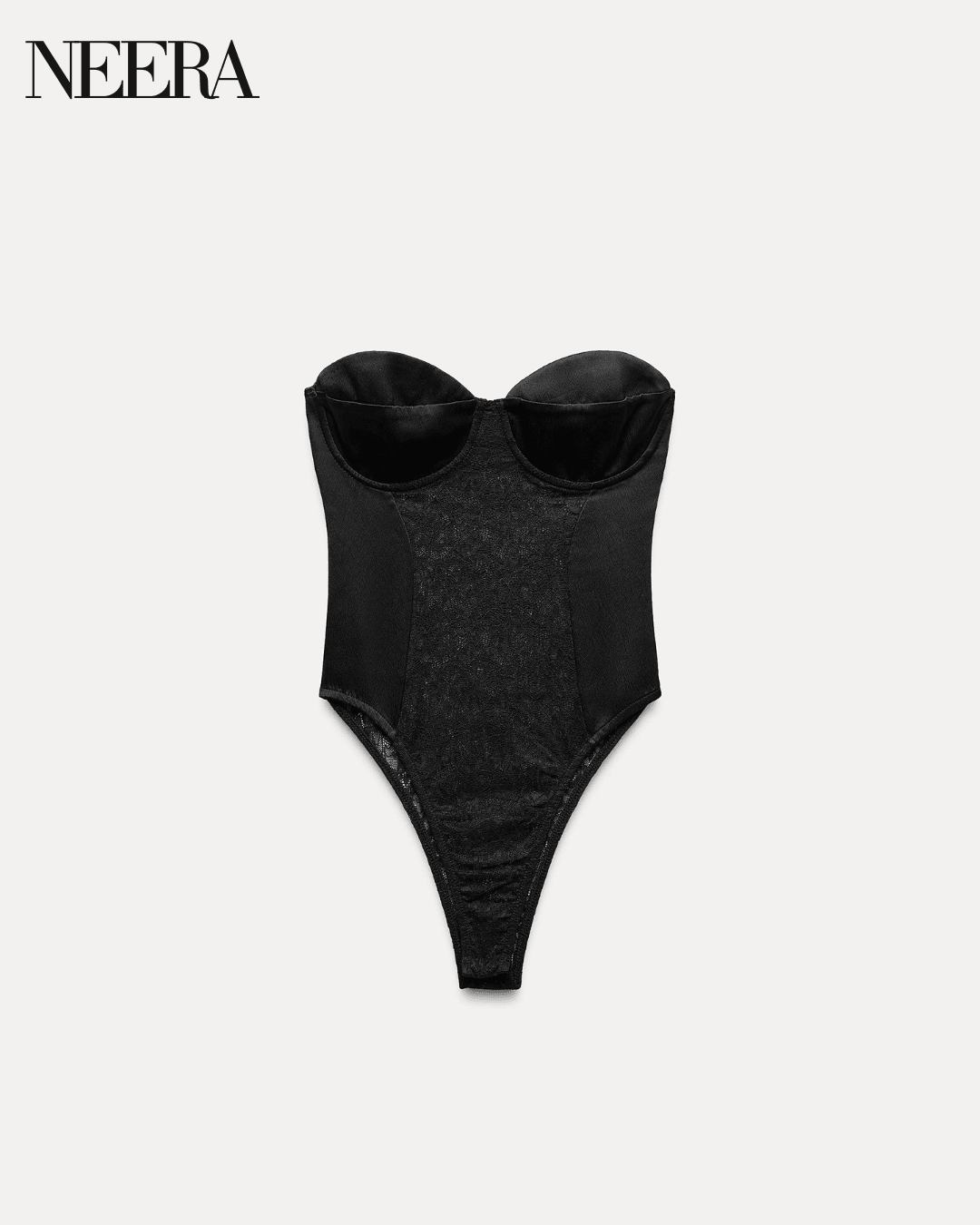 Black Strapless Bodysuit with Lace Details