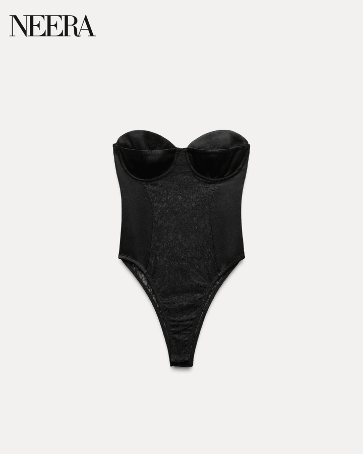 Black Strapless Bodysuit with Lace Details