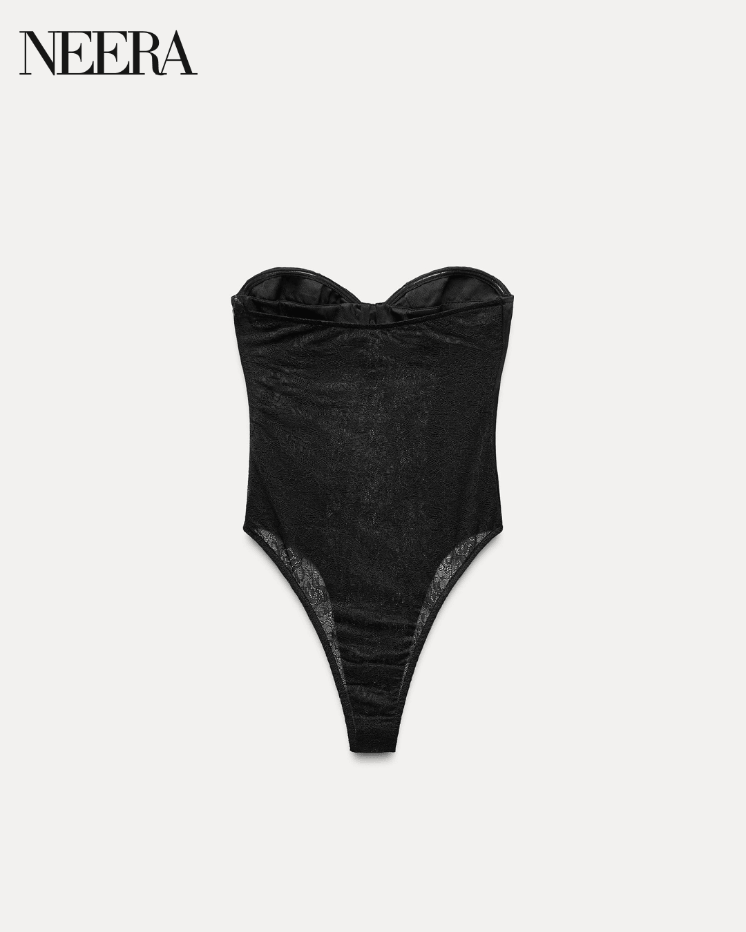 Black Strapless Bodysuit with Lace Details