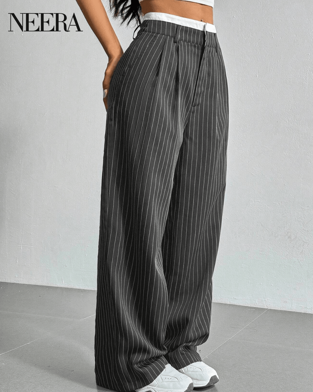 Wide Leg High Waist Pants with Vertical Stripes