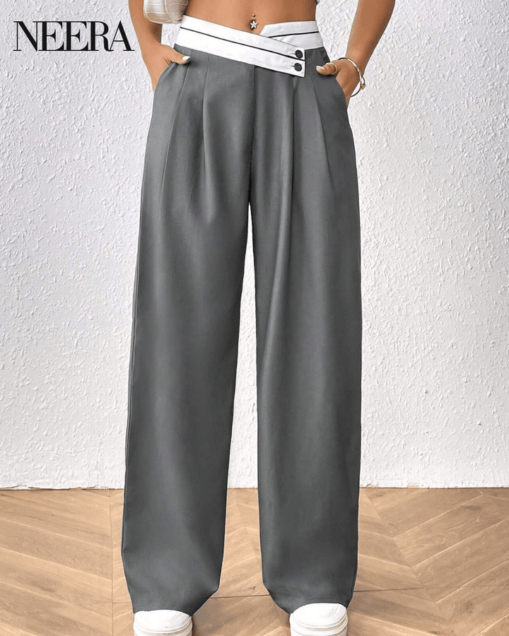 Wide Leg Pants with Waist Band and Button Details