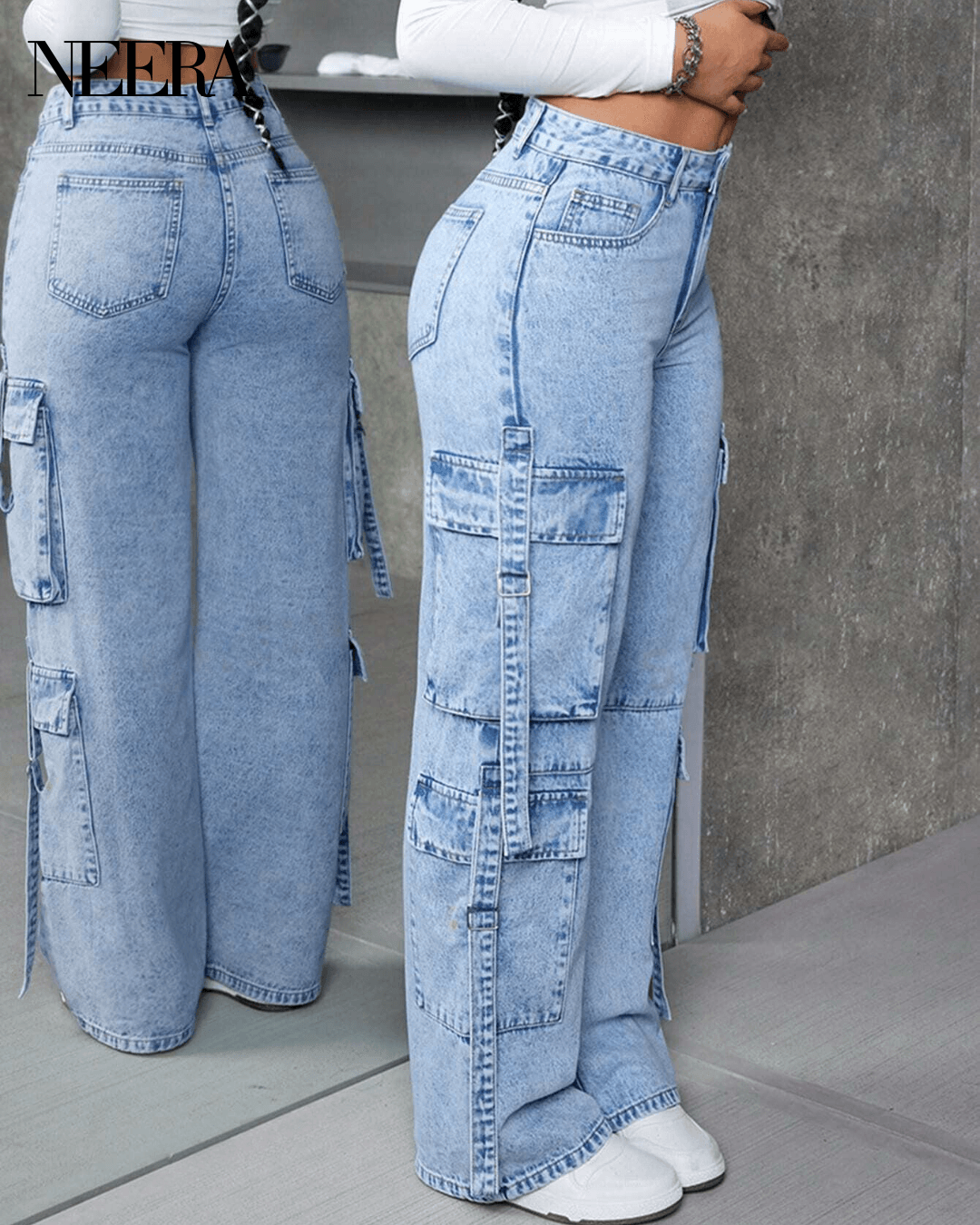 High waist cargo jeans with pockets