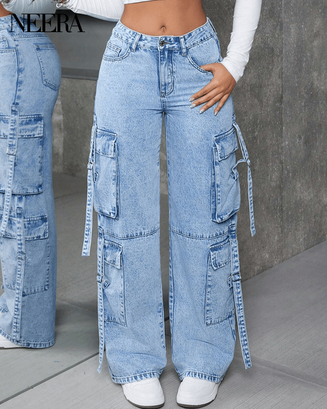 High waist cargo jeans with pockets