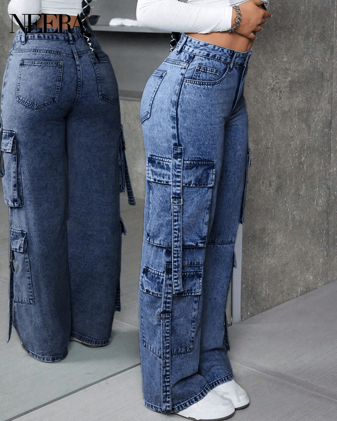 High waist cargo jeans with pockets