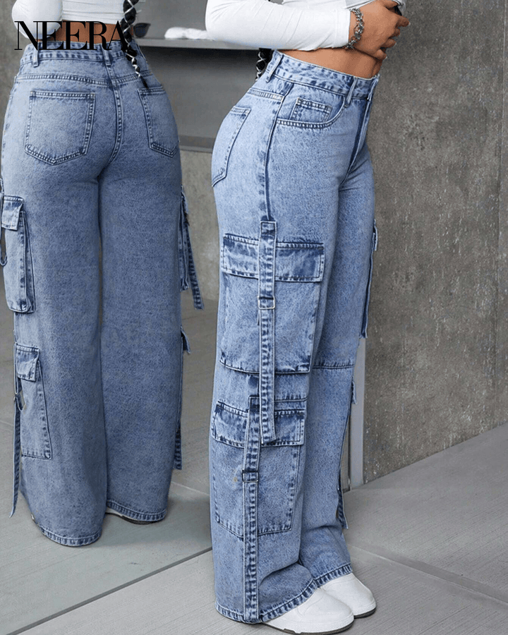 High waist cargo jeans with pockets