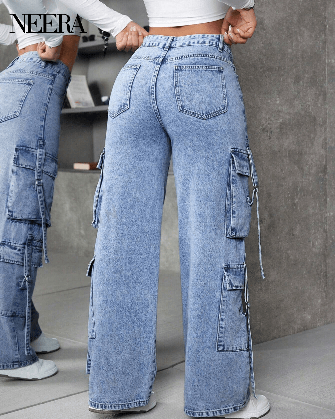 High waist cargo jeans with pockets