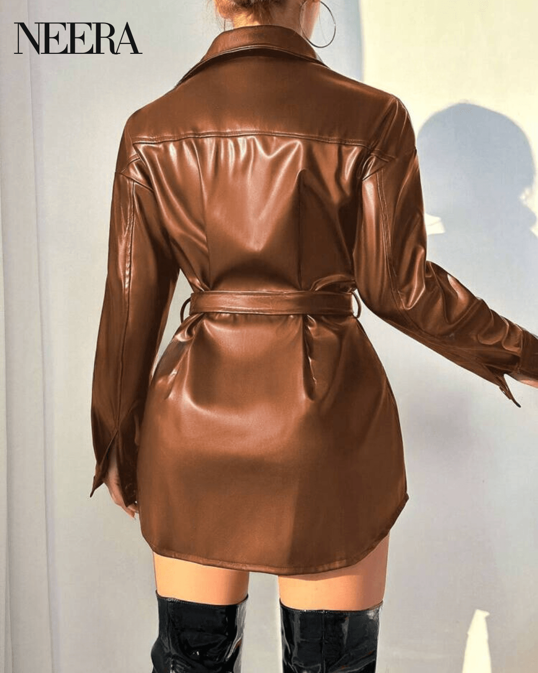 Leather coat with belt and flap detail