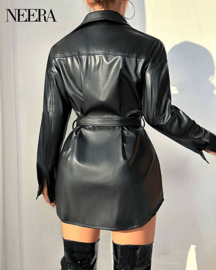 Leather coat with belt and flap detail