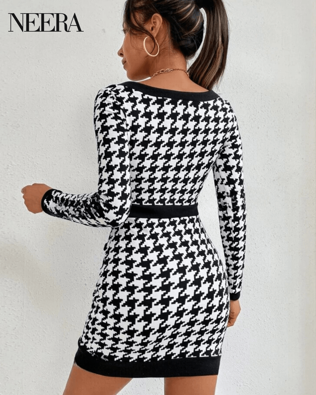 Black and White Pied-de-Poule Dress with Golden Buttons