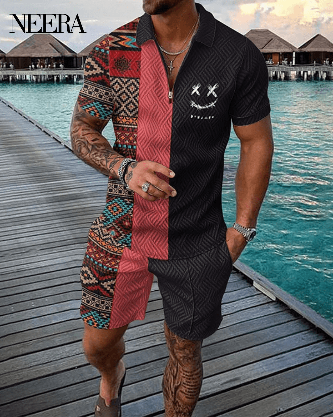 Two Tone Ethnic Polo Shirt And Shorts Co-Ord