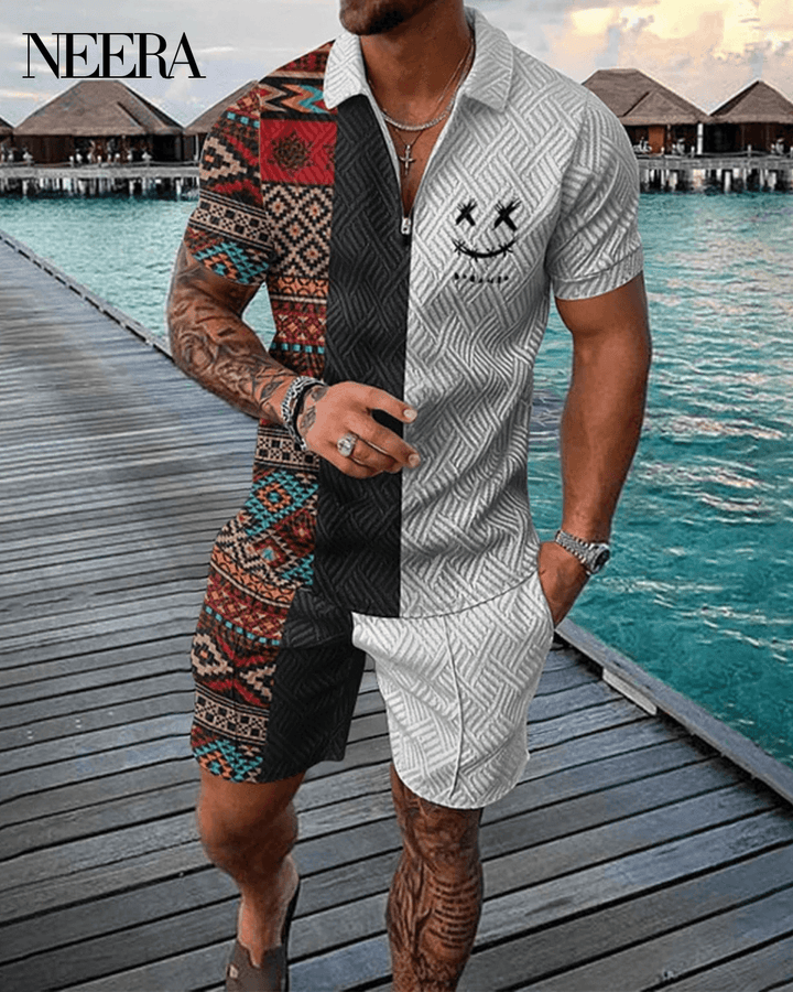 Two Tone Ethnic Polo Shirt And Shorts Co-Ord