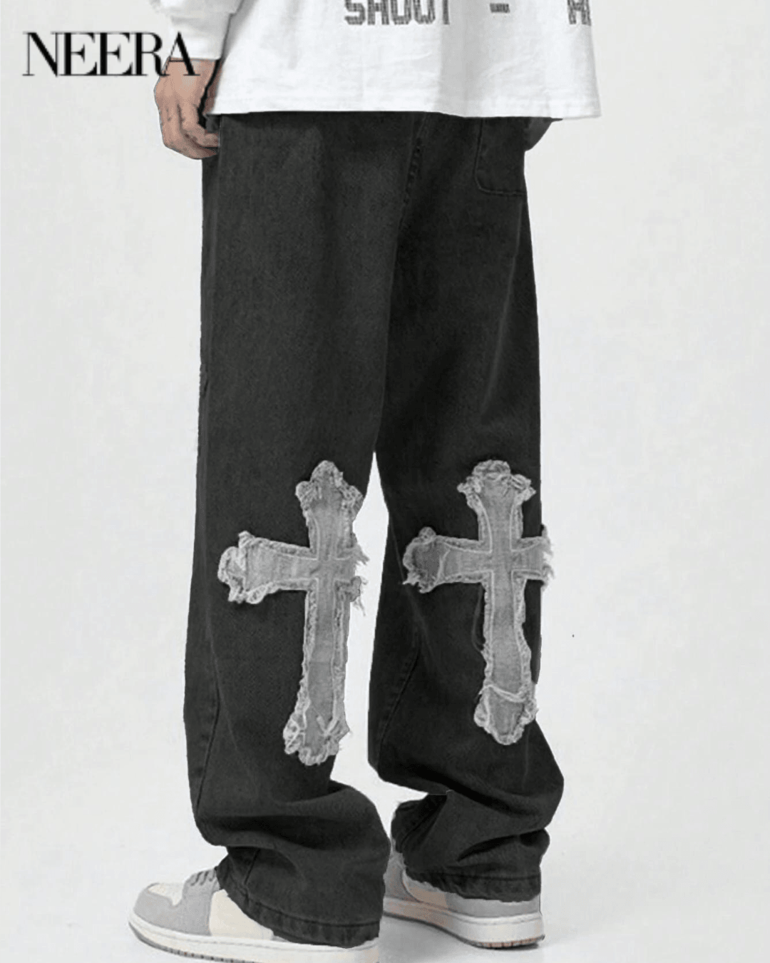 Wide Leg Denim Trousers with Cross Embroidery