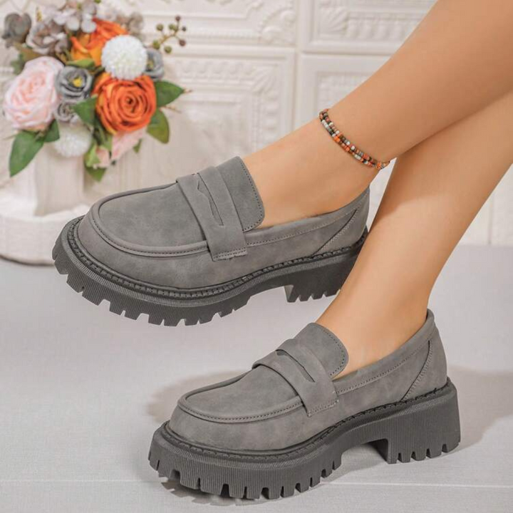 Élodie | Mocassins gris en cuir suédé confortables avec semelle épaisse et amortie