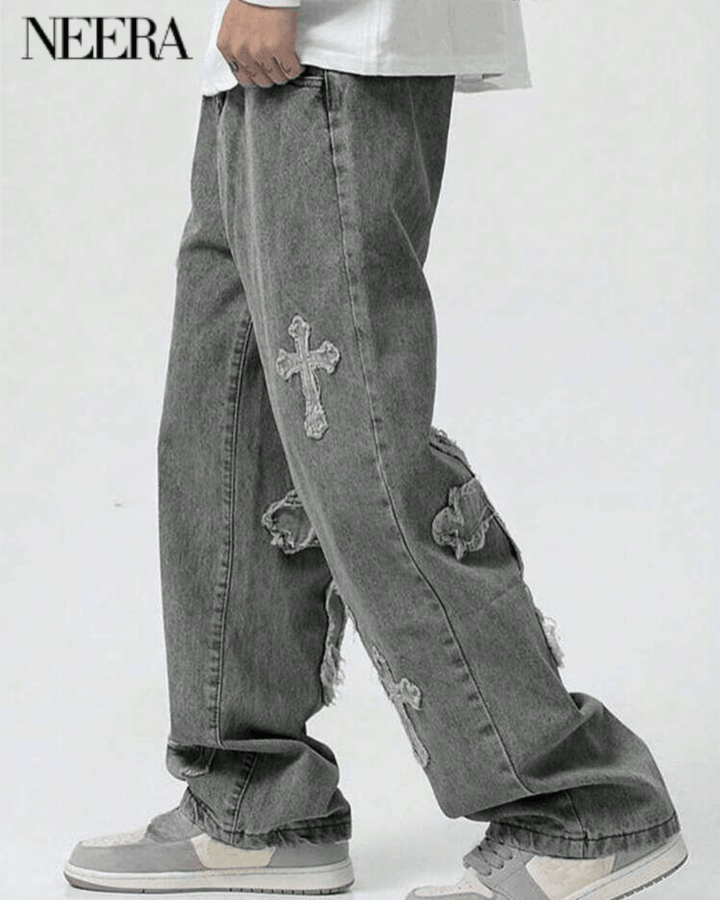 Wide Leg Denim Trousers with Cross Embroidery