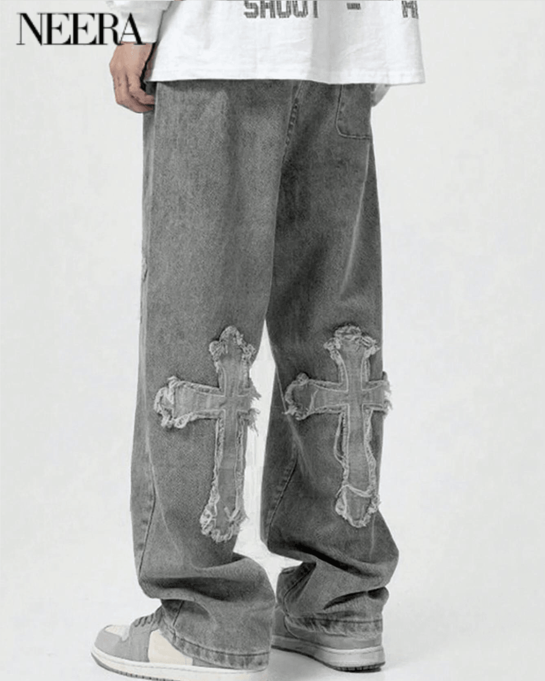 Wide Leg Denim Trousers with Cross Embroidery