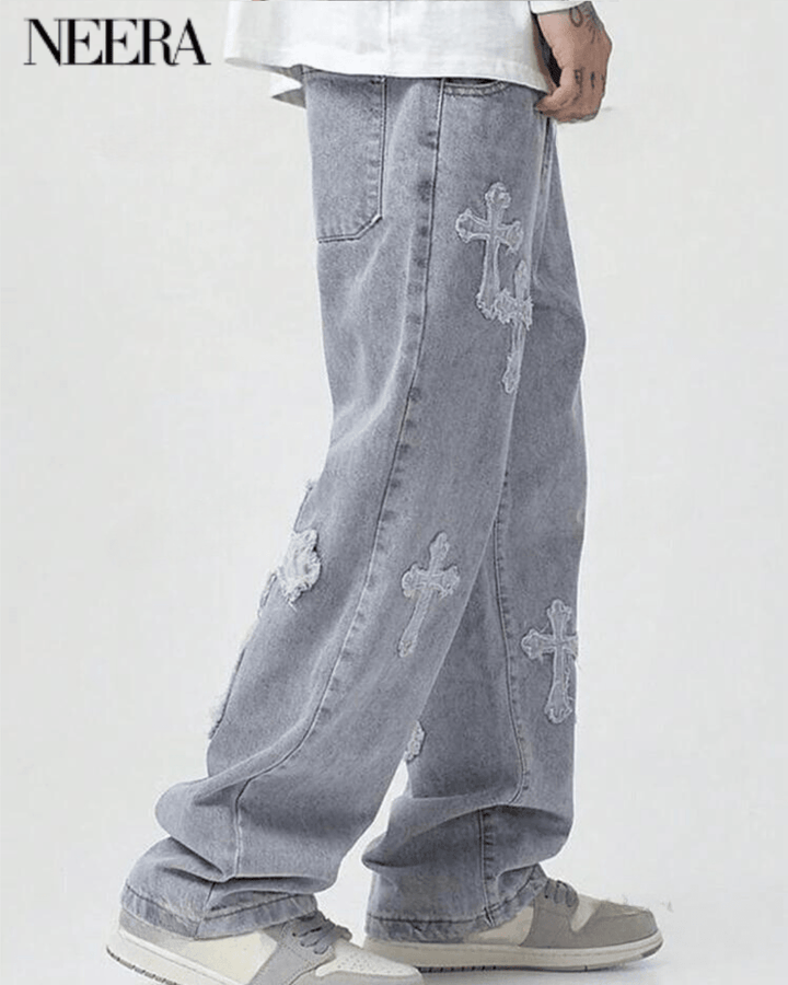 Wide Leg Denim Trousers with Cross Embroidery