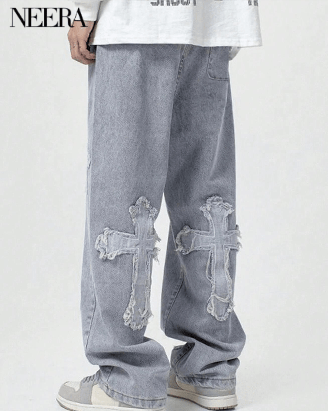 Wide Leg Denim Trousers with Cross Embroidery