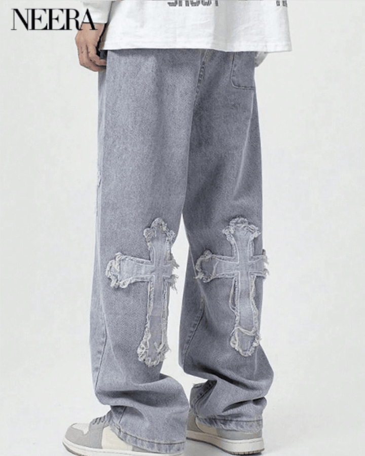 Wide Leg Denim Trousers with Cross Embroidery