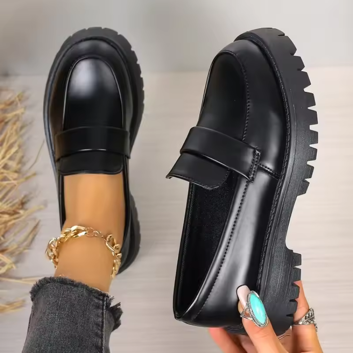 Eugénie | Mocassins confortables en cuir noir avec semelle épaisse et confortable